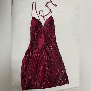 Windsor Burgundy Velvet Sequin Spaghetti Strap Dress